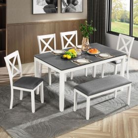 6-Piece Dining Table Set with Bench, Wood Dining Table Set for 6, Modern 6-Person Dining Table Set for Dining room, Kitchen, Grey & White two ton