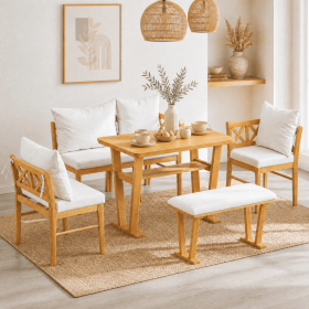 6-Piece Small Farmhouse Solid Wood Kitchen Nook Dining Room Breakfast Nook Table Set for 6