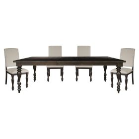 Traditional Brown Finish 5pc Dining Set Table w Leaf and 4x Side Chairs Beige Nailhead Trim Transitional Dining Wooden Furniture
