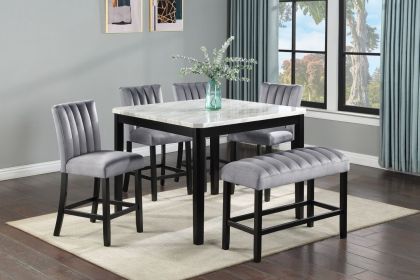 6-Piece Contemporary Counter Height Dining Set Square Faux Marble Table Tope Black Finish Upholstered Chairs Bench Channel Tufting Wooden Solid W