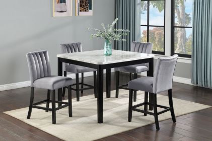 5-Piece Contemporary Counter Height Dining Set Square Faux Marble Table Tope Black Finish Upholstered Chairs Channel Tufting Wooden Solid Wood Di